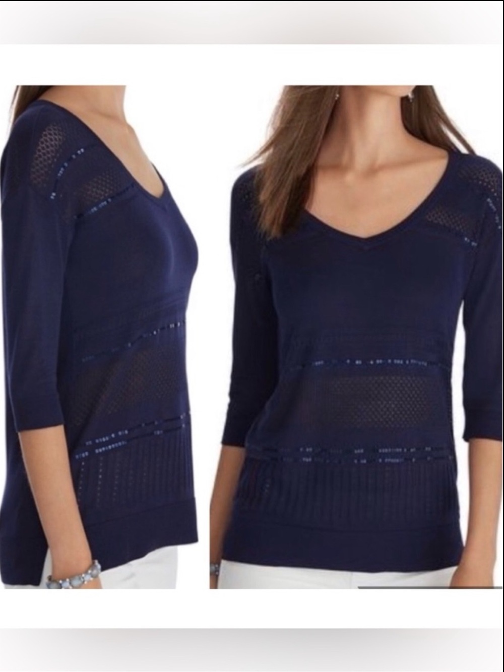 WHBM Navy Blue V Neck Sequins Sweater Top